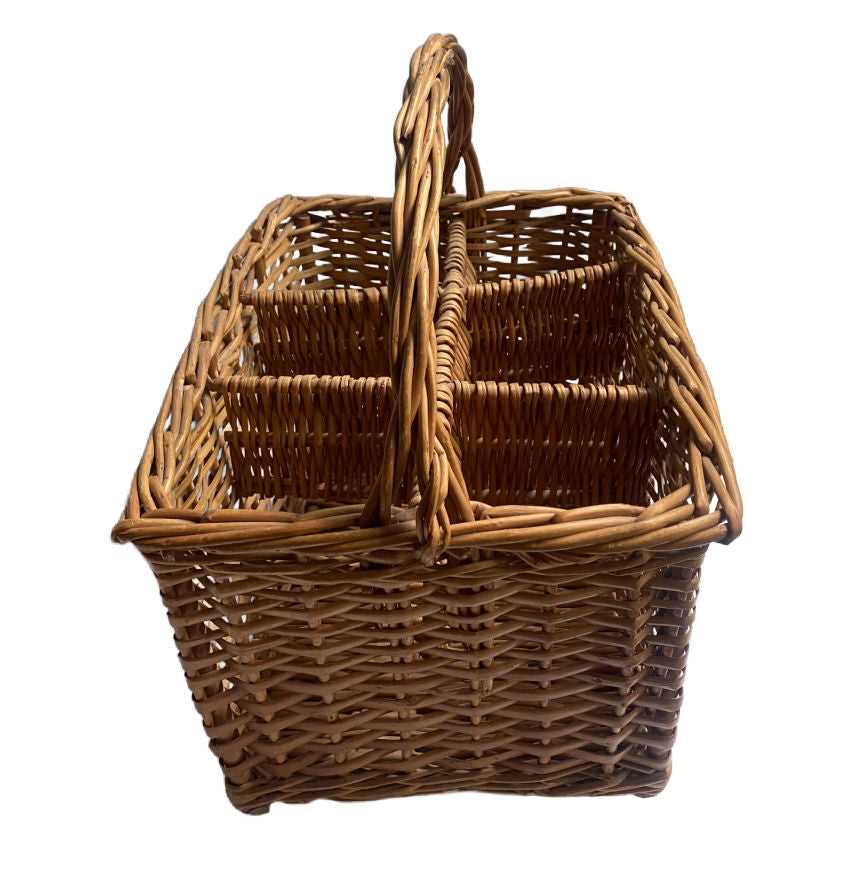 Elegant French willow bottle carrier for six bottles, handwoven with luxurious French country charm. Beautiful for entertaining, wine display, or décor.