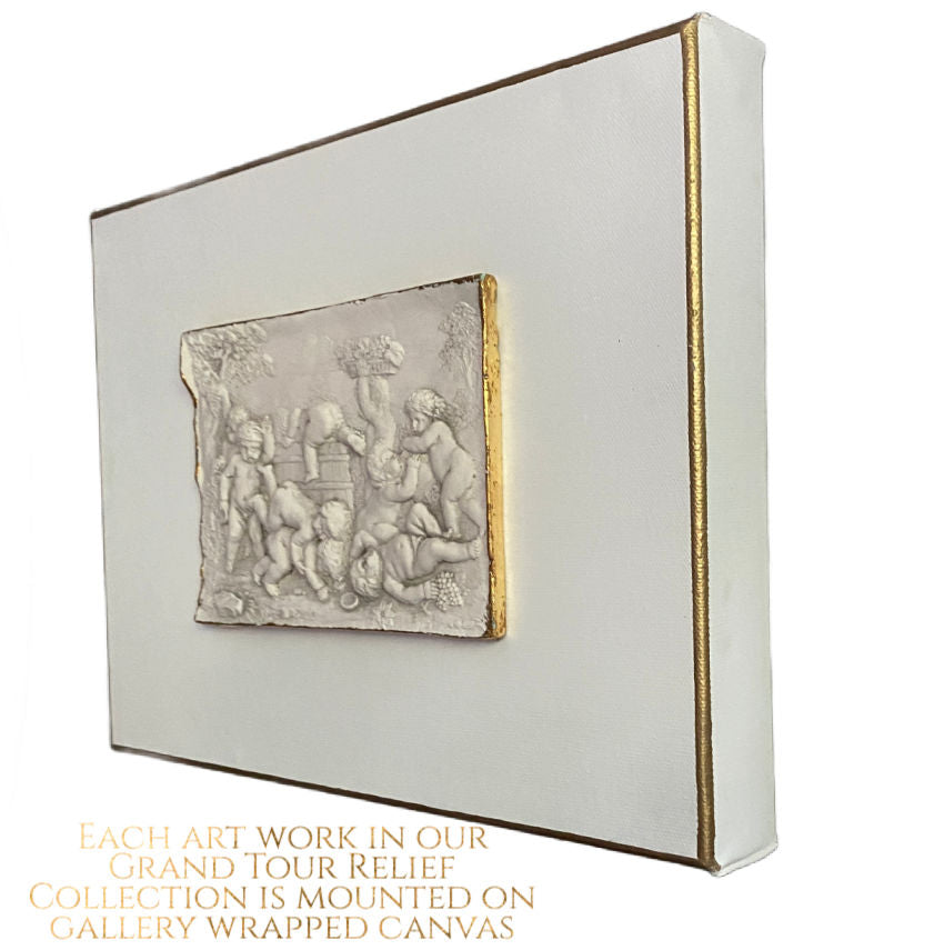 Classical plaster intaglio with putti figures on neutral canvas side view