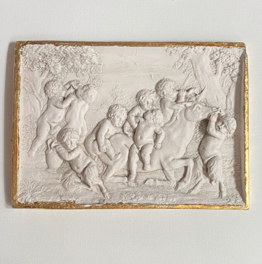 Neoclassical cherubs with horse decorative canvas panel Arcadian landscape gallery wall composition