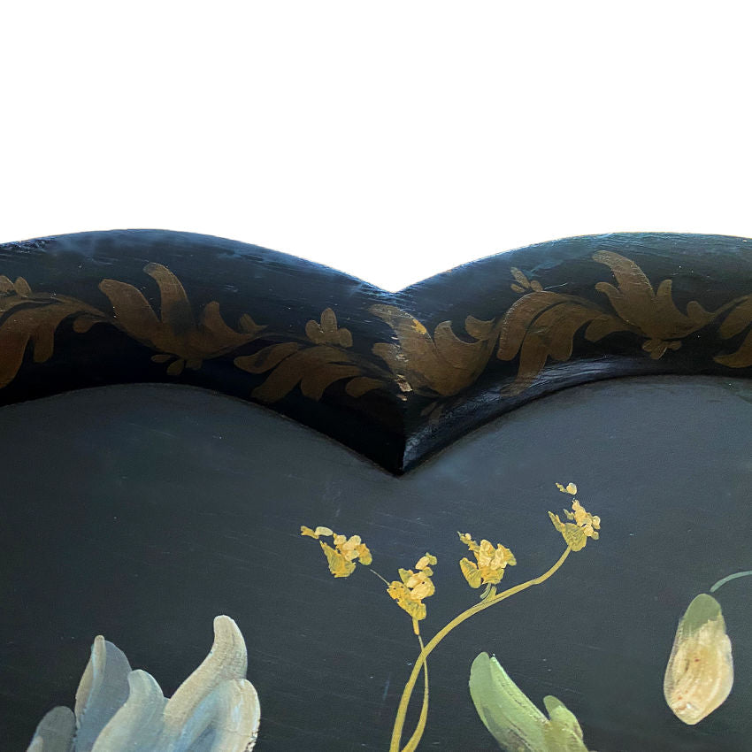 Large antique black tole tray with floral bouquet and gold detailing