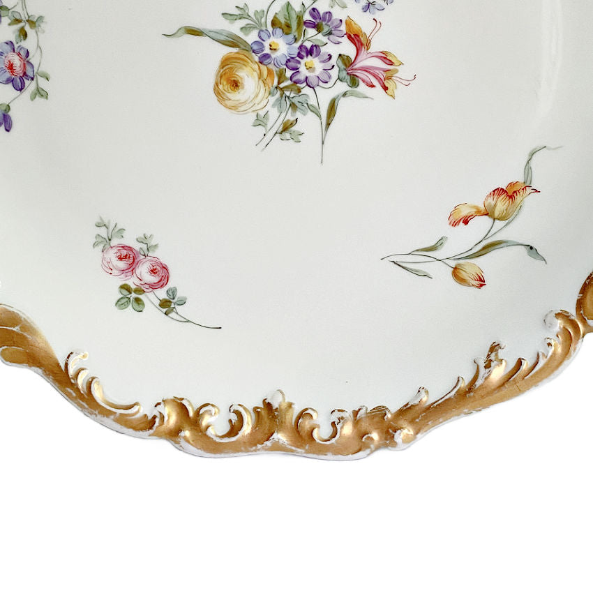 Antique Hand Painted Limoges tray with 24 kt gold scalloped trim and hand painted spring flowers.