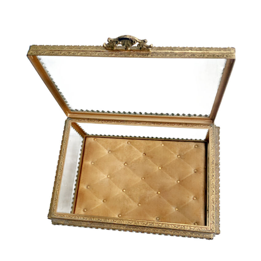 French Beveled Glass Gold Filigree Jewelry Casket