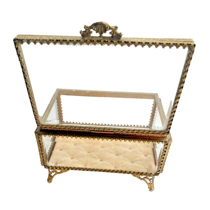 French Beveled Glass Gold Filigree Jewelry Casket
