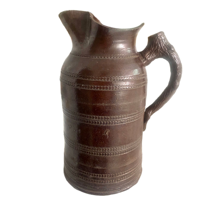 Large Antique French Pottery Wine Pitcher with Twig Handle