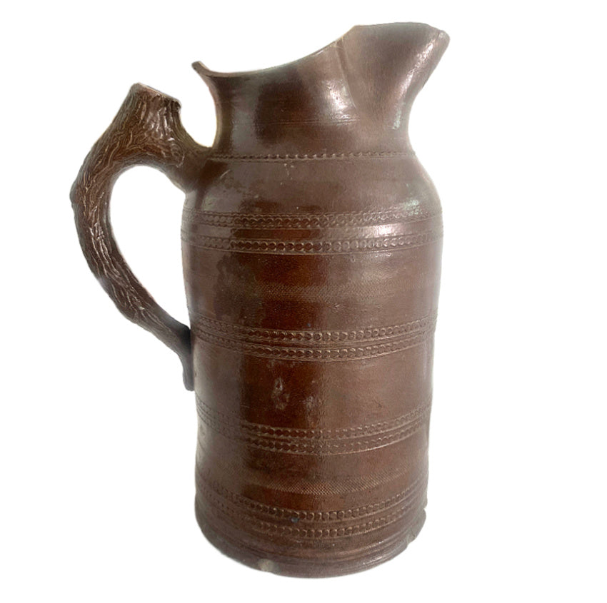 19th century Large Antique French Pottery Wine Pitcher with Twig Handle hand thrown brown  distinctive bec pincé pinched spout