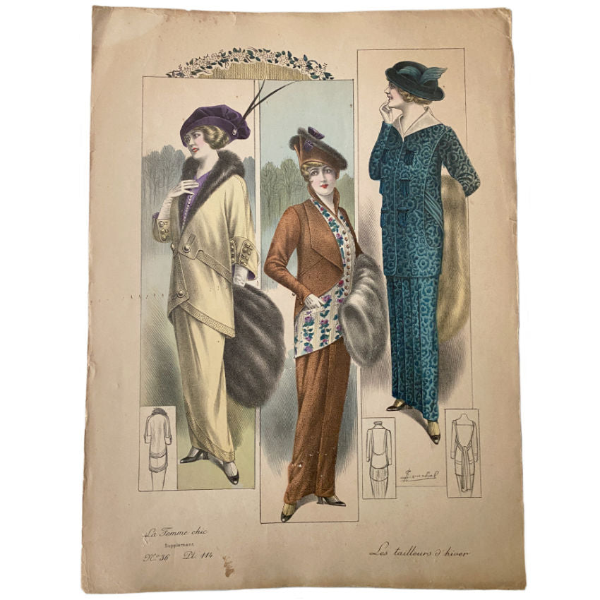 Printed in Paris, this chromolithograph print showcases chic Parisiennes in sumptuous fall/winter ensembles, in tones of camel, rust-brown and teal, emblematic of the refined couture aesthetic of the period. 