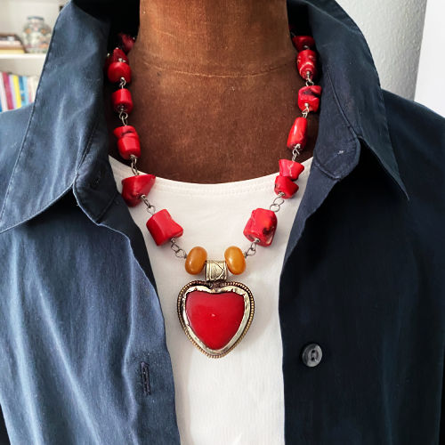 Statement necklace with gorgeous bamboo coral, in a luscious deep red. Local folklore says coral attracts love and prosperity. Hand made USA.