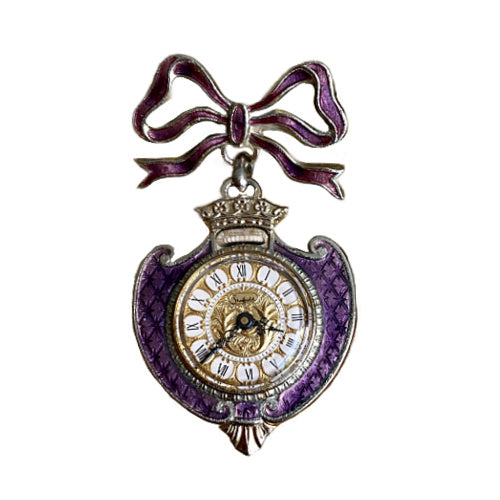 Edwardian Sheffield pin watch with lavender guilloché enamel, bow and crown design, a rare and beautifully decorative jewel.
