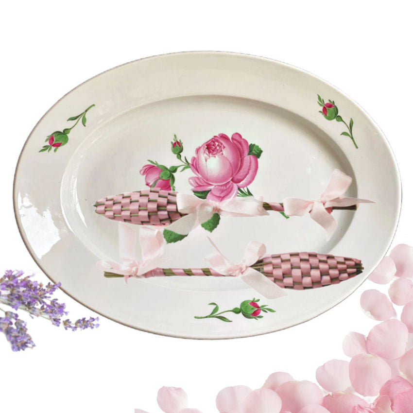 Handwoven French lavender wand crafted in the traditional Provençal style. High essential oil fragrance, elegant for home or gifting on antique rose platter by Meissen