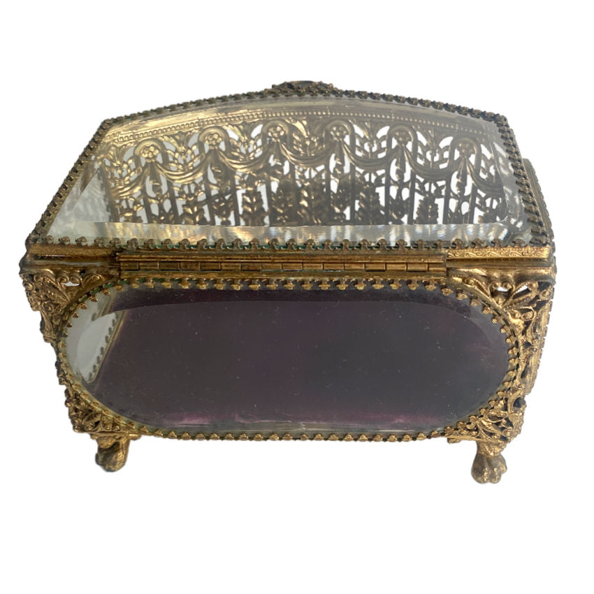 Antique French gilt ormolu filigree jewelry casket back with pink silk velvet lining.