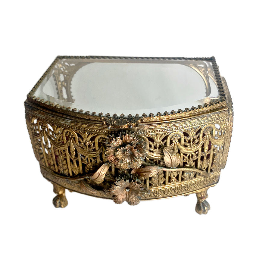 Ornate gilt filigree jewelry casket with beveled glass lid and deep pink silk velvet lining. A romantic statement piece for dressing table display.-glass top