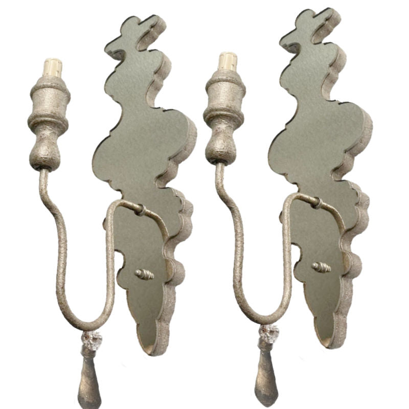 Pair Transitional Silvered Mirrored One Light Wall Sconces