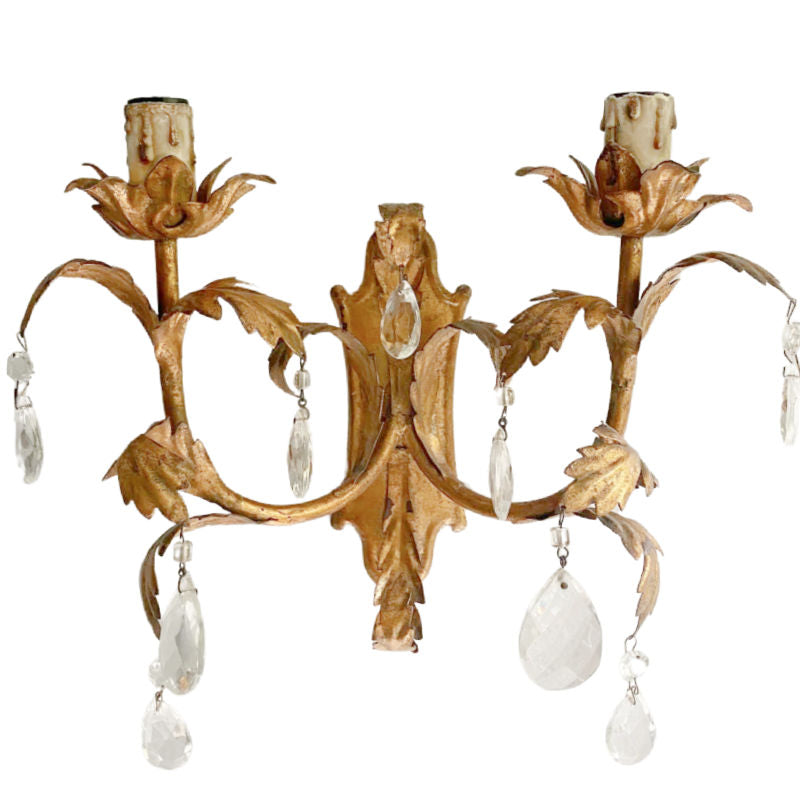 Pair Vintage Italian Gilt Tole Palm Frond Two Arm Sconces