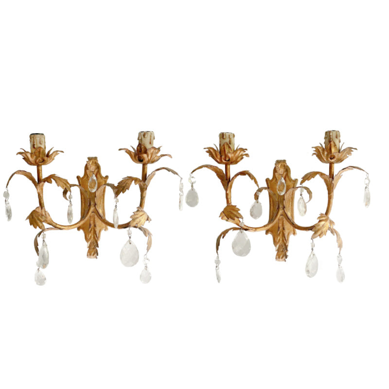 Pair Vintage Italian Gilt Tole Palm Frond Two Arm Sconces