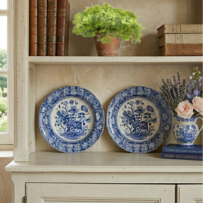 Antique Regency Spode blue pearlware plates pair displayed on living room shelf