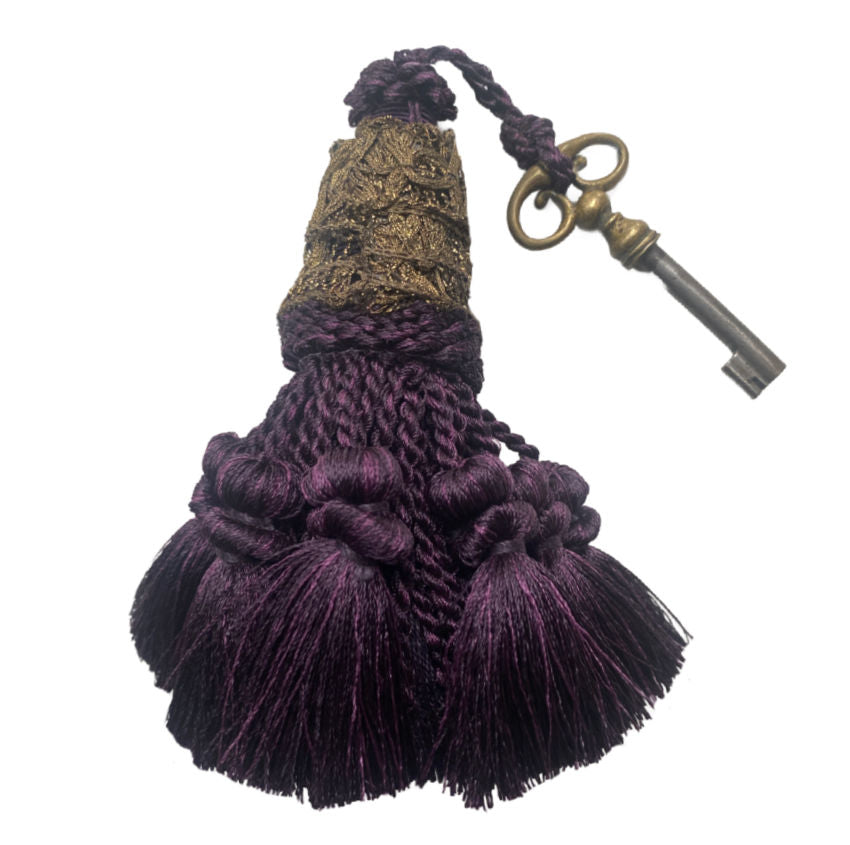 Parisian tassel, purple tassel, antique key, French key, French décor accent, woven tassel, Paris décor, French country style, decorative tassel, French accessories, vignette styling, antique French décor, FrenchGardenHouse style, unique French find
