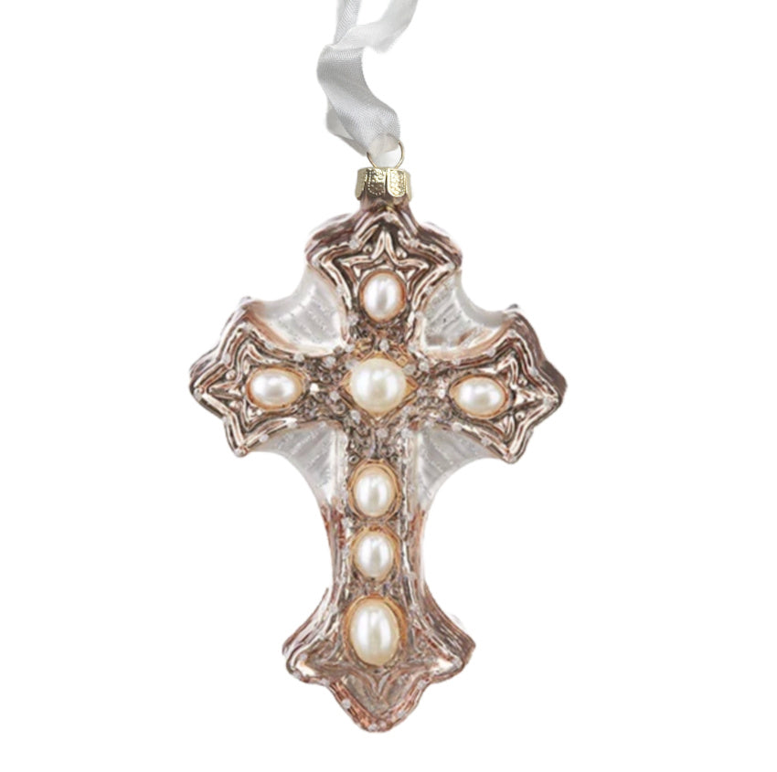 Elegant Pearl Gold Cross Glass Ornament with raised baroque details and luminous pearls. Hand-blown holiday décor that adds timeless beauty to any Christmas tree.