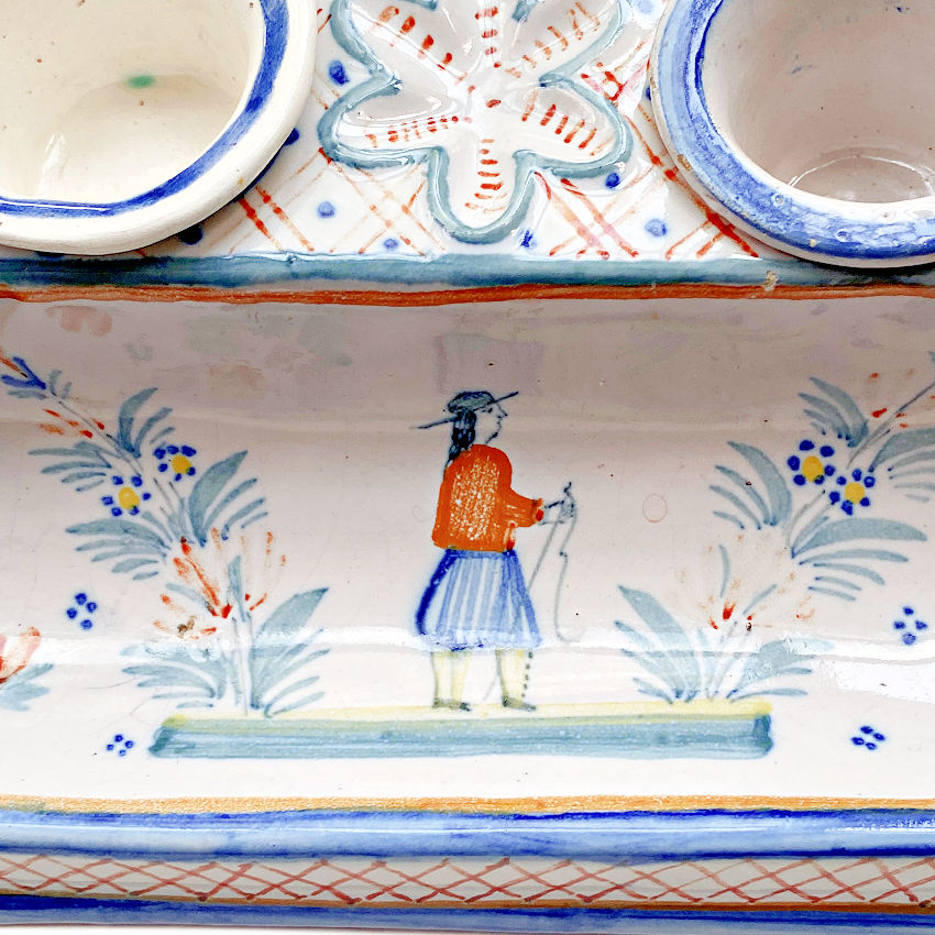 Quimper Hand Painted & Signed Inkwell & Pen Holder, Brittany, France