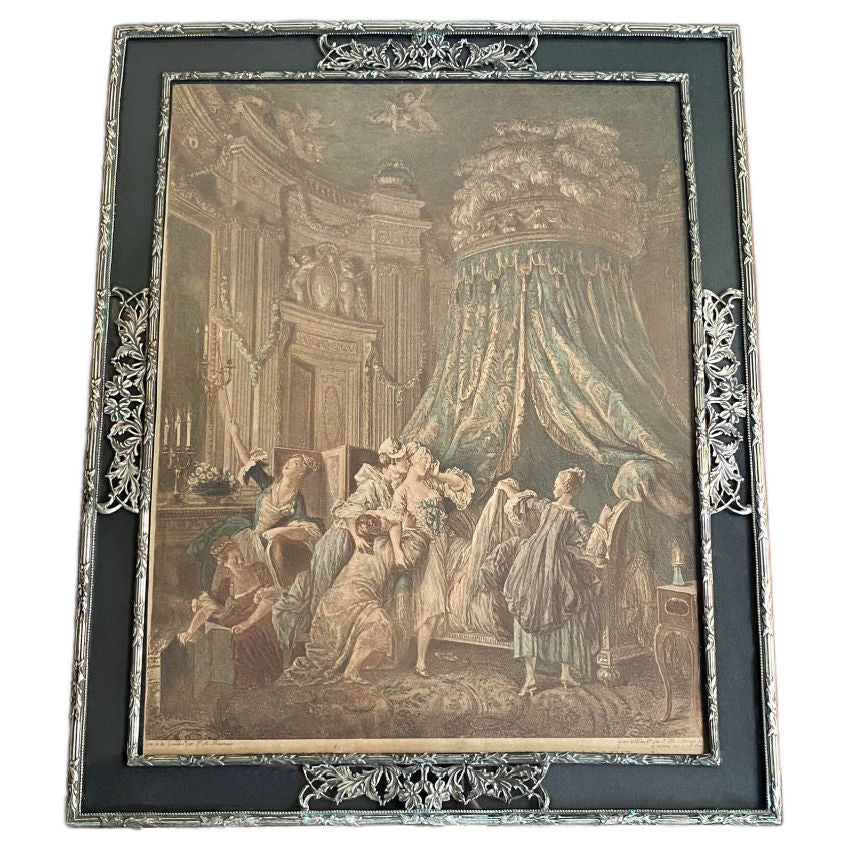 18th century French print of a rococo marriage bed, in a silver ornate frame