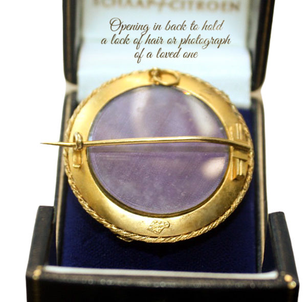 Rare 19th century antique mourning brooch with sculptural fern motif, likely gold filled or rolled gold, with celluloid back compartment to hold a lock of hair.