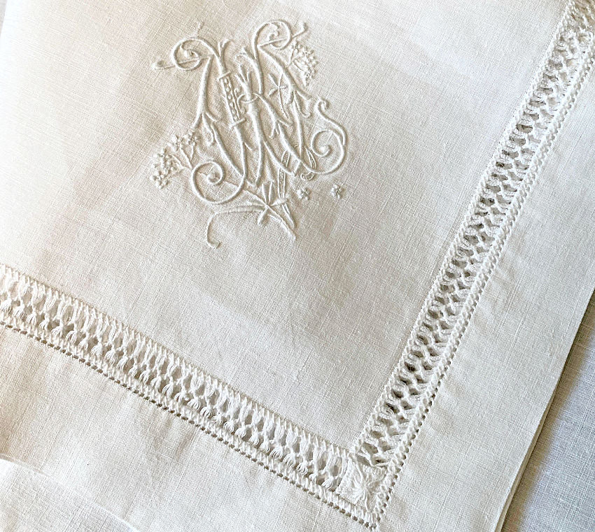 hand-embroidered white monogram KW or WK antique French linen napkin