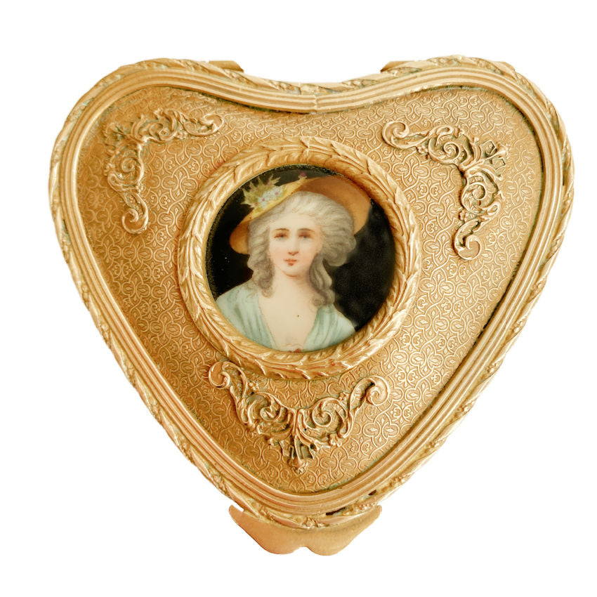 Rare Antique French Heart-Shaped Gilt Jewelry Casket with Hand-Painted Limoges Portrait