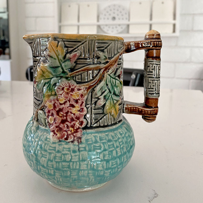 Rare Antique Aesthetic Movement Turquoise Apple Blossom Majolica Pitcher