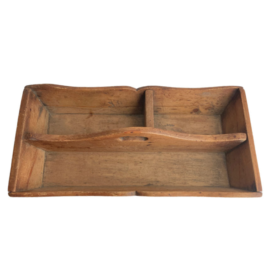 Antique country wooden ladies long kitchen work box with rare elongated form, original dividers and rich patina. A charming early utilitarian piece.