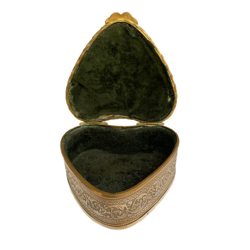 Rare Antique French Heart-Shaped Gilt Jewelry Casket with Hand-Painted Limoges Portrait