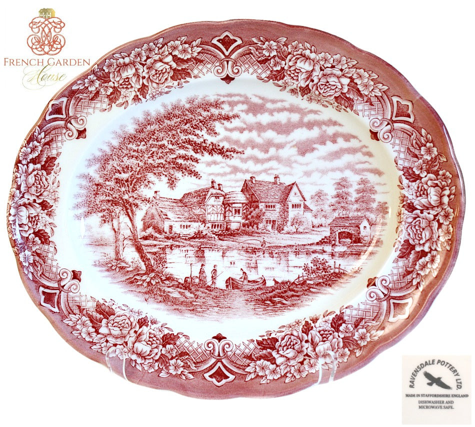 Vintage English Red and white Transfer Village Platter