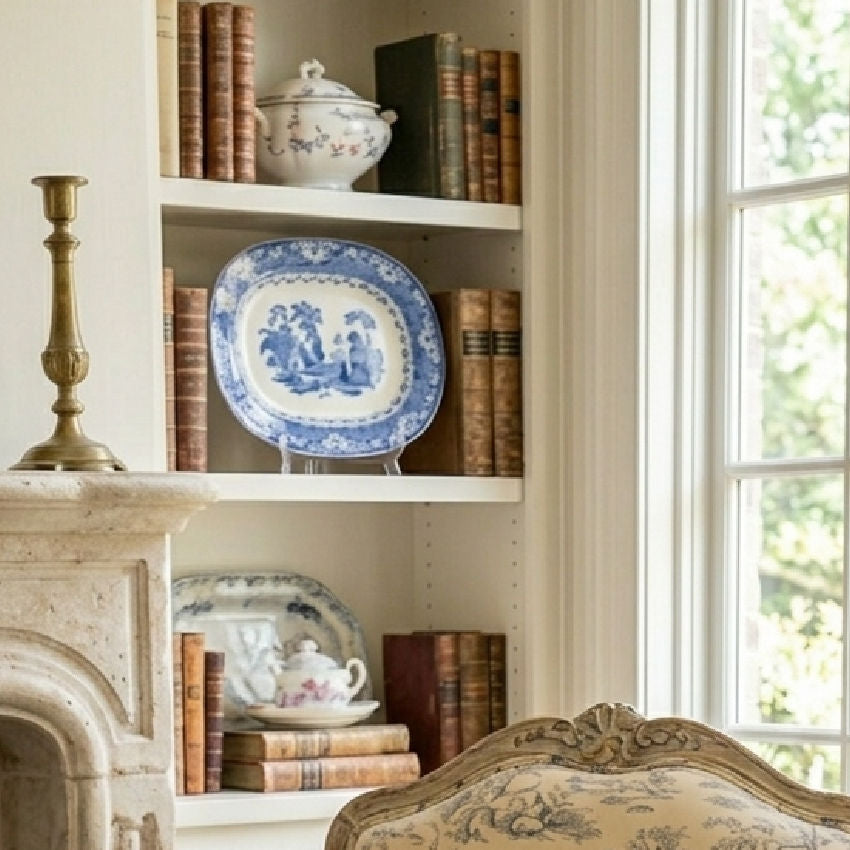 Royal Doulton Watteau platter styled in French country living room blue and white deco