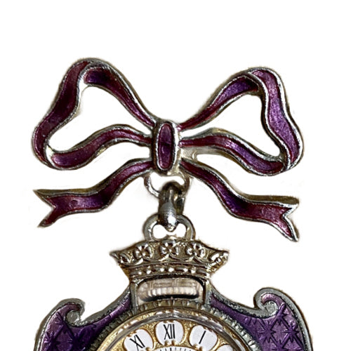 Edwardian Sheffield pin watch with lavender guilloché enamel, bow and crown design, a rare and beautifully decorative jewel.