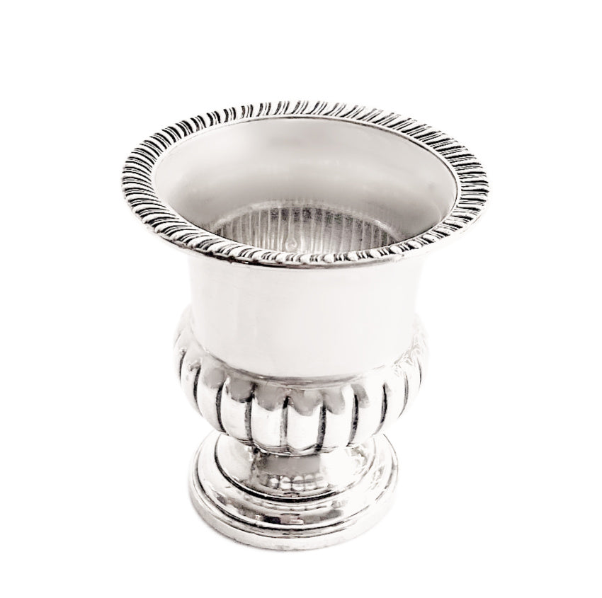 Sterling silver petite urn by Fischer Silver of America, perfect for displaying hors d’oeuvres picks with elegant luxury for entertaining or collecting.
