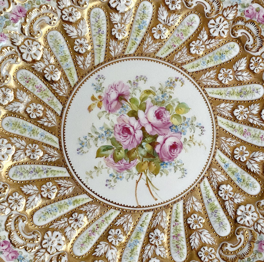 Superb 19th century Copeland dessert plate, hand painted roses with raised gold enamel, exquisite English porcelain collector’s piece.