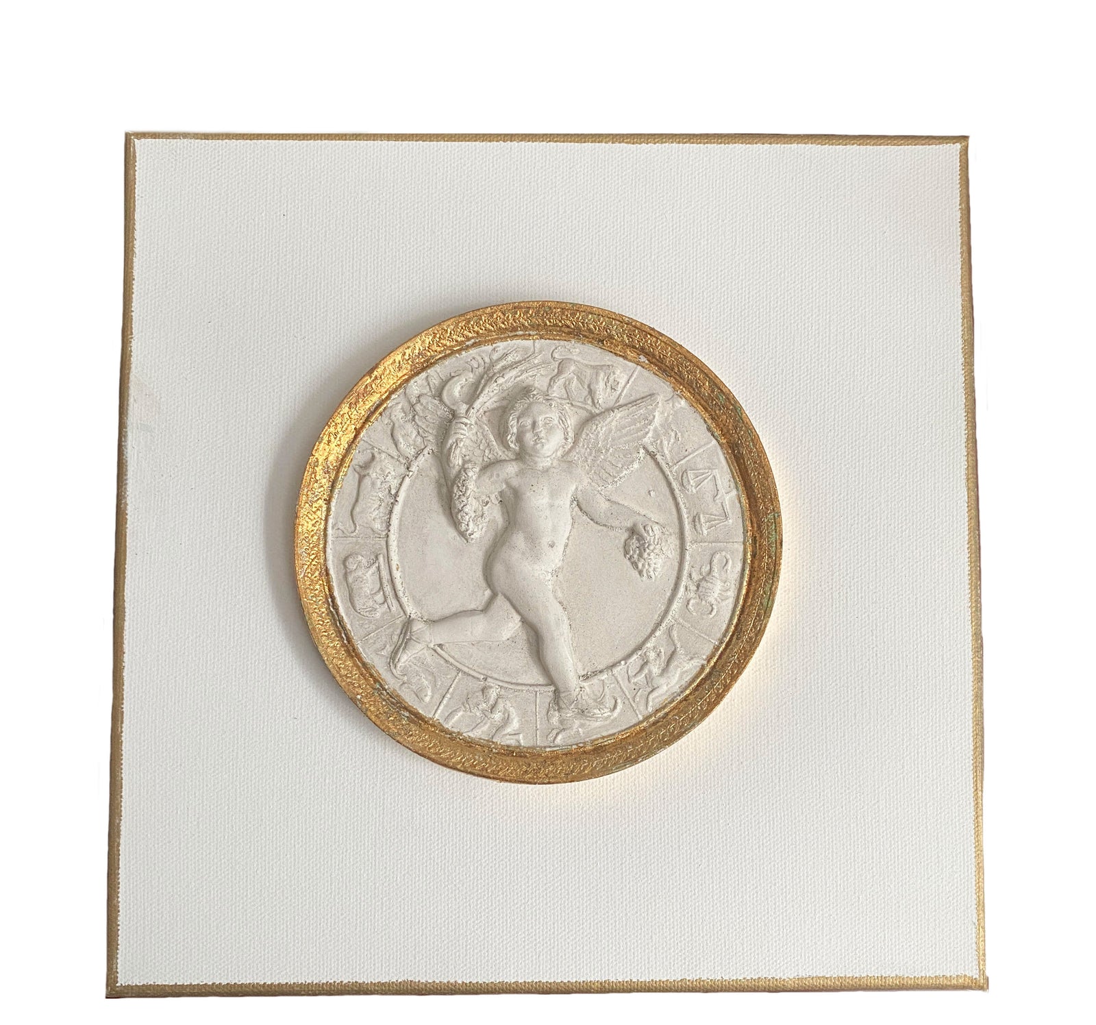 Circular cherub plaster relief on white canvas with gilt edging, Grand Tour inspired classical wall art