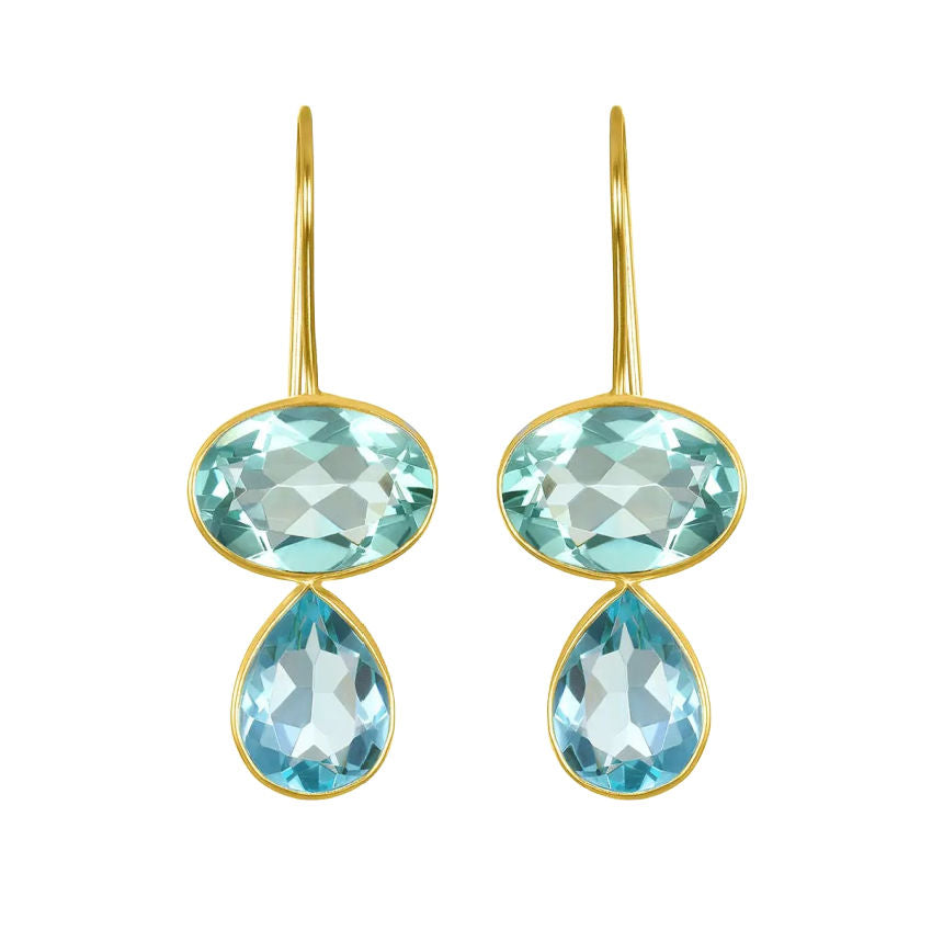 A pair of gold-plated earrings featuring emerald-cut sky blue quartz gemstones with a bezel set and teardrop dangle design.