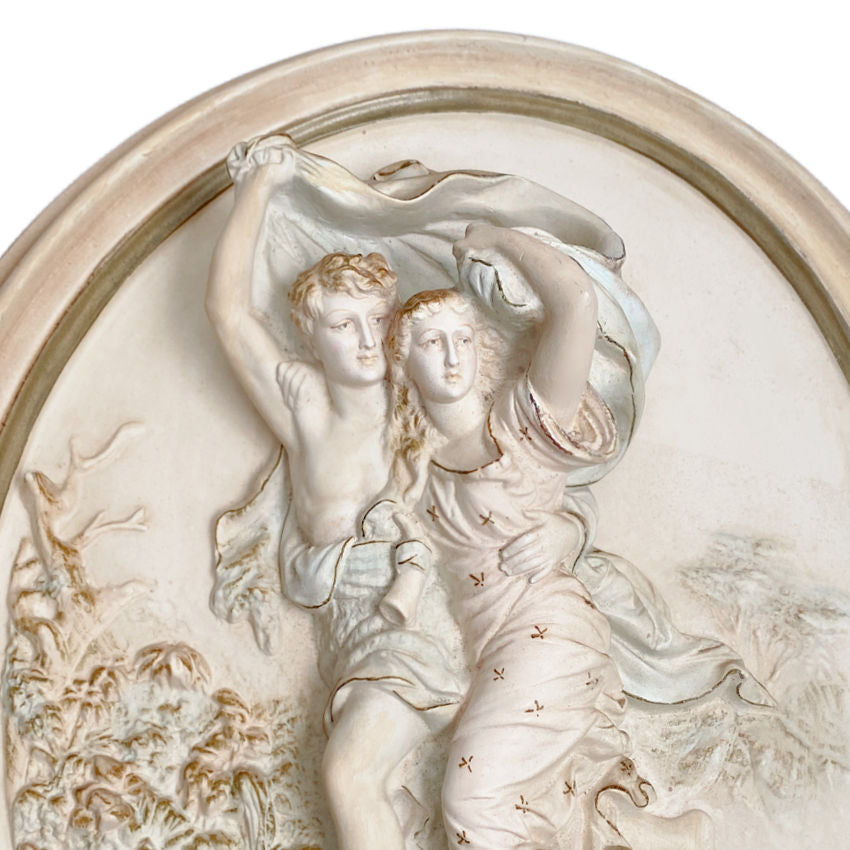 Vintage Pierre-Auguste Cot ‘Le Orage’ chalkware, hand-painted in soft pastels with gilt accents close up of the lovers.