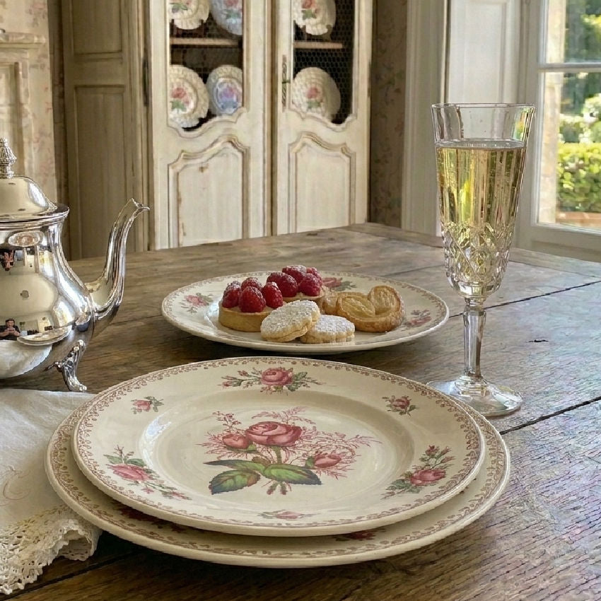 Romantic vintage English tableware pink rose dessert plates Spode Lady Anne collection set of 7