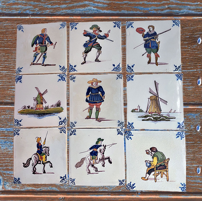 Rare 9-Piece Makkum Delft Tile Suite – 17th-Century Dutch Figures & Windmills, Artisan Polychrome