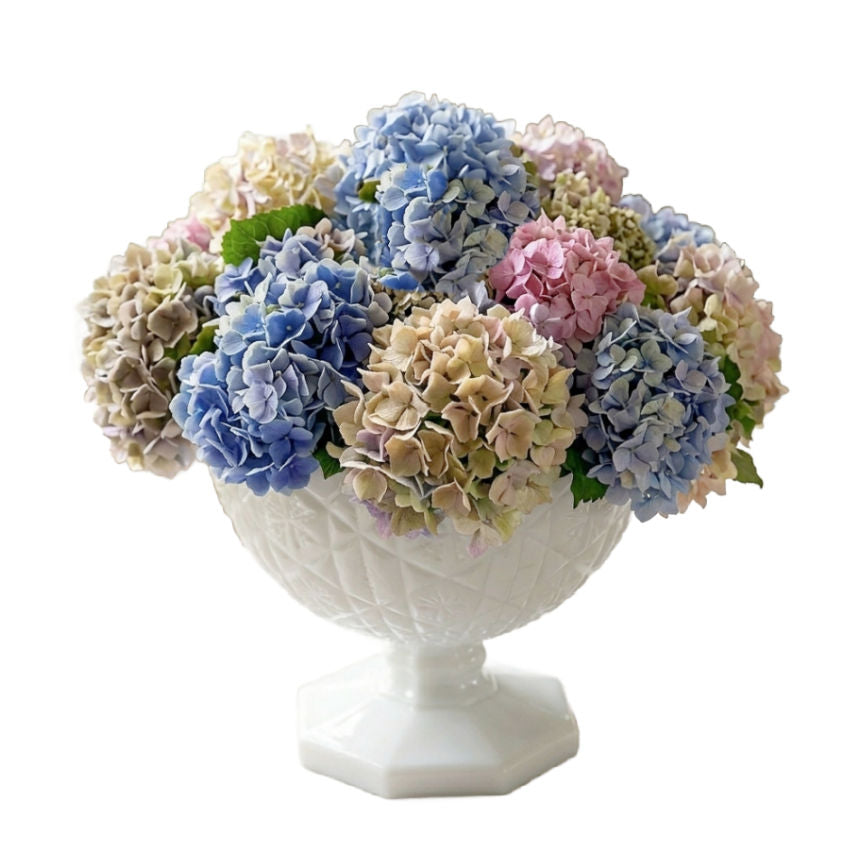 vintage milk glass pedestal bowl scalloped rim star pattern with hydrangeas