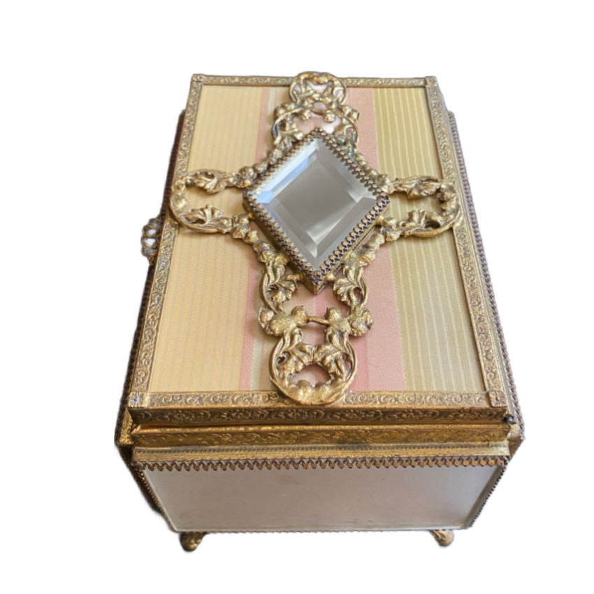 Vintage French Silk and Satin Glass Gold Plated Jewelry Casket
