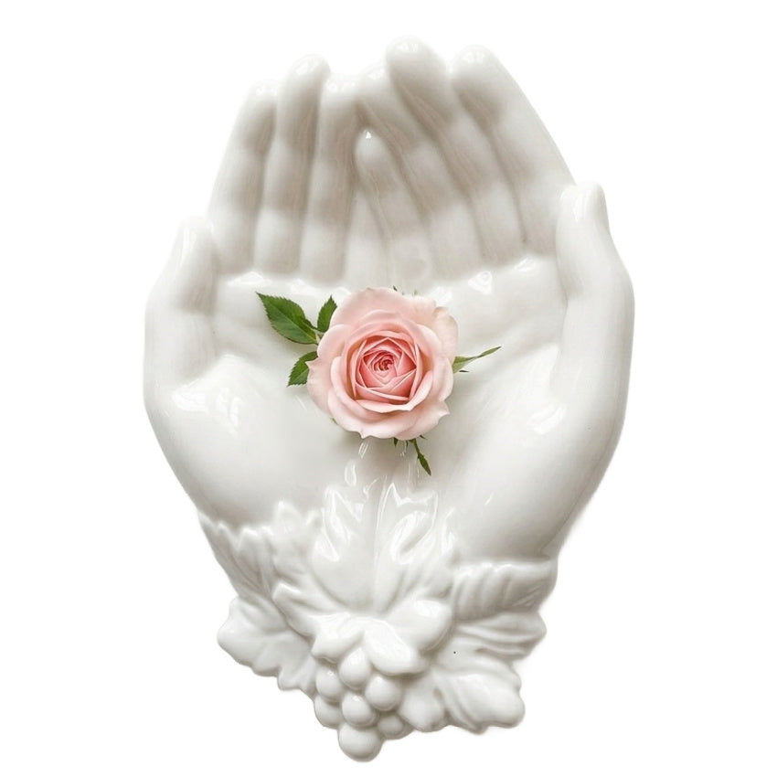 Vintage milk glass cupped hands dish holding French pink rose