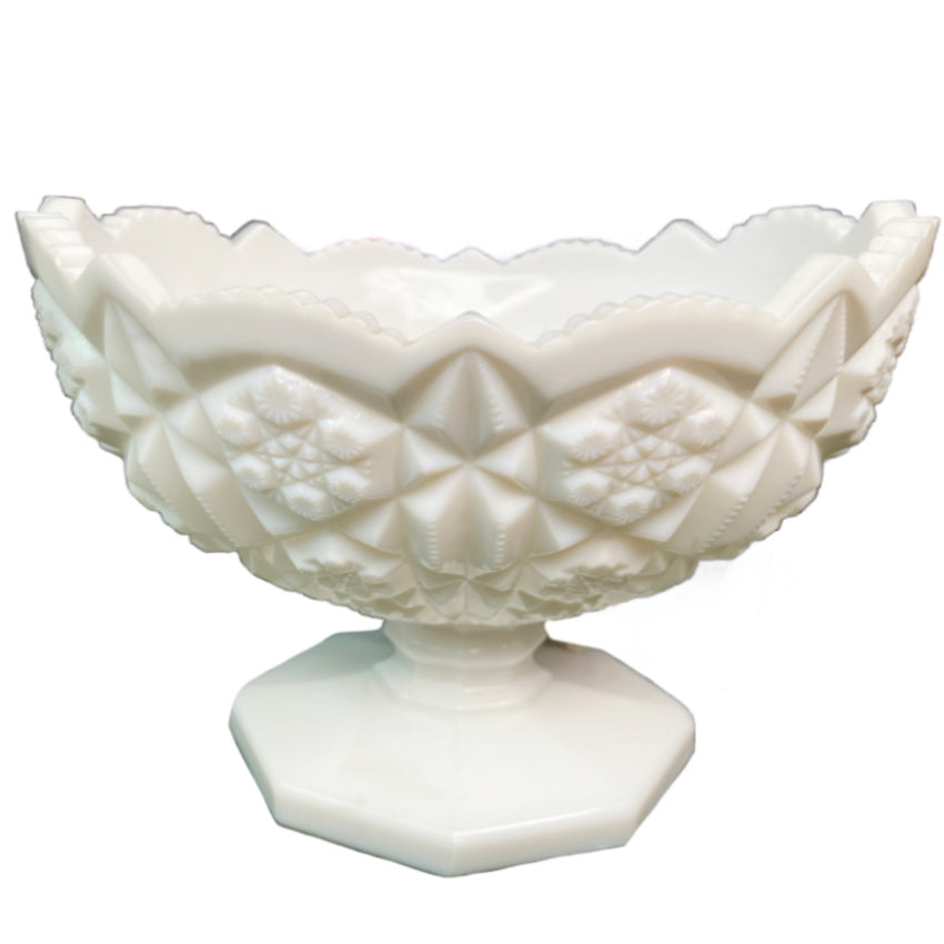 pressed milk glass pedestal dish geometric starburst design