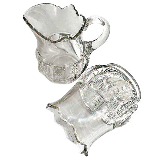 Rare York Herringbone EAPG sugar & creamer set, tall 5" applied-handle creamer, large lidless sugar, 19th-century American pressed glass collectible.