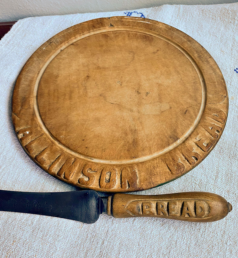 19th Century English Hand Carved Advertising Round Bread Board & Knife