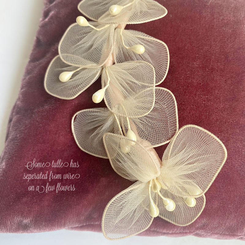 detail of Ethereal Vintage Ballerina Pink Floral Head Crown with Pearlized Stamens II