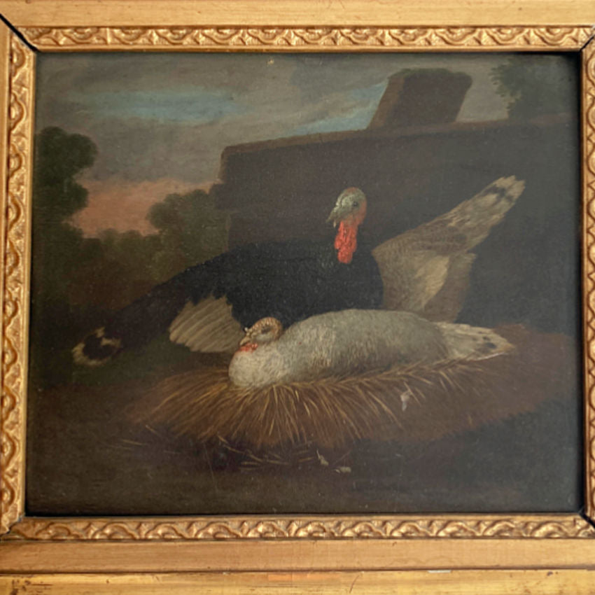 Antique French oil painting farm birds on nest