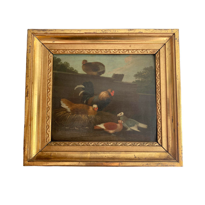 Pair Of 19th Century French Country Chicken & Turkey Paintings In Gilt Frames