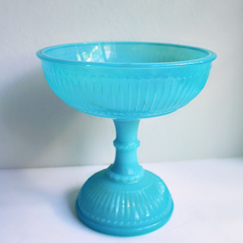 ecorative French pedestal compote bowl in rare blue opaline glass