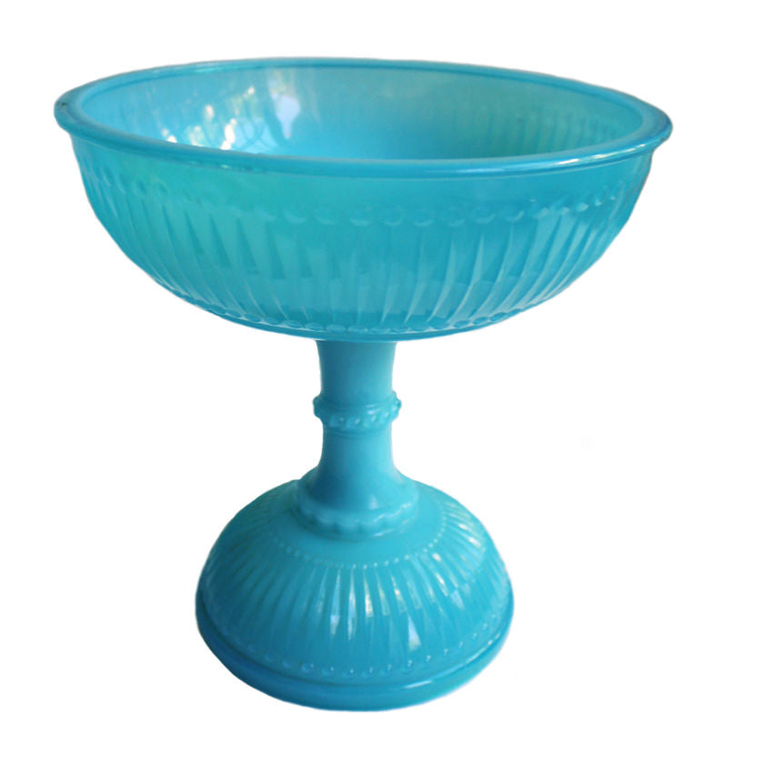 19th century French blue opaline glass footed centerpiece bowl with pedestal base. Elegant antique compote for refined display and entertaining.